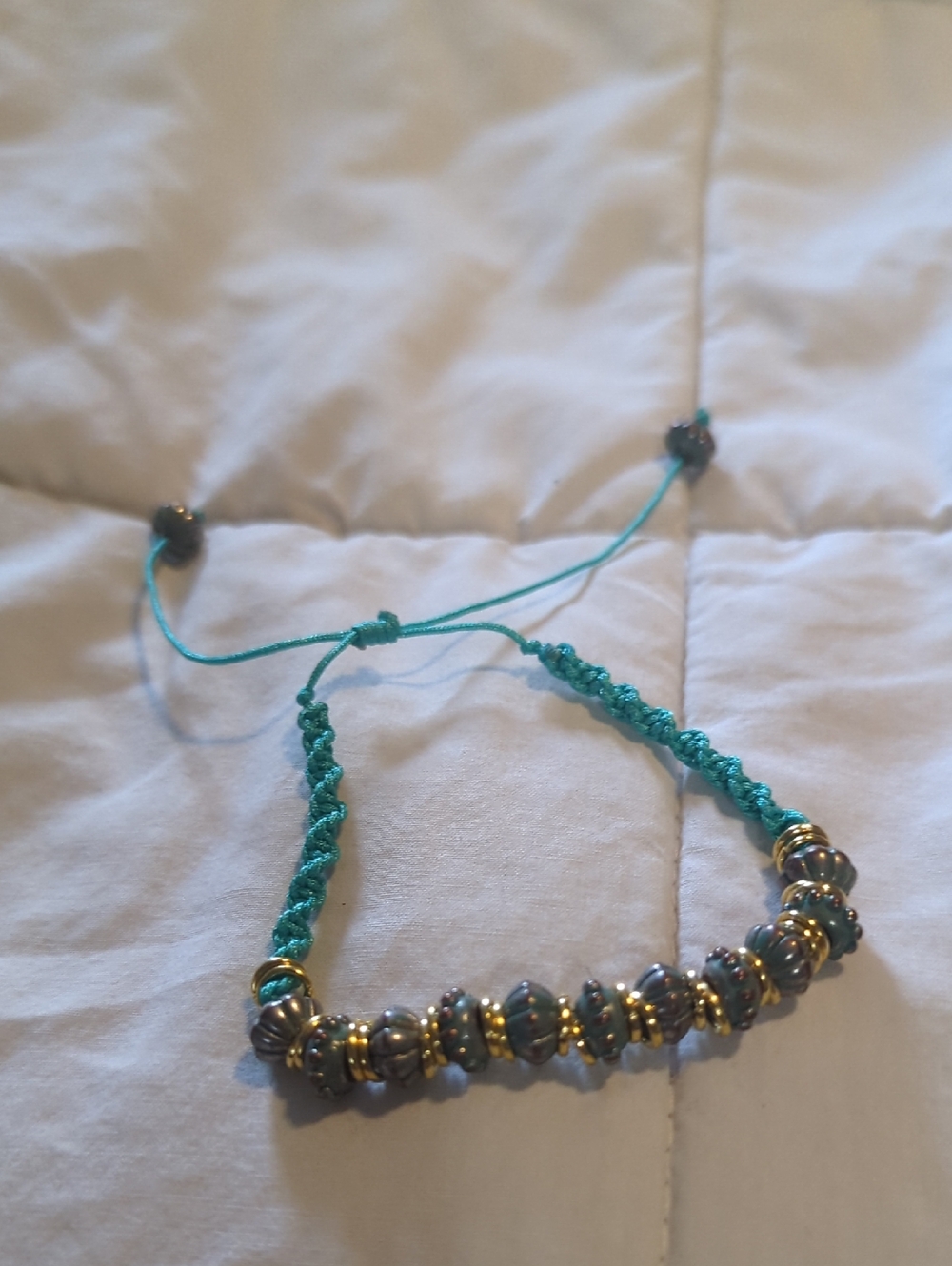 Turquoise Braided Cord Bracelet with Gold & Silver Beads